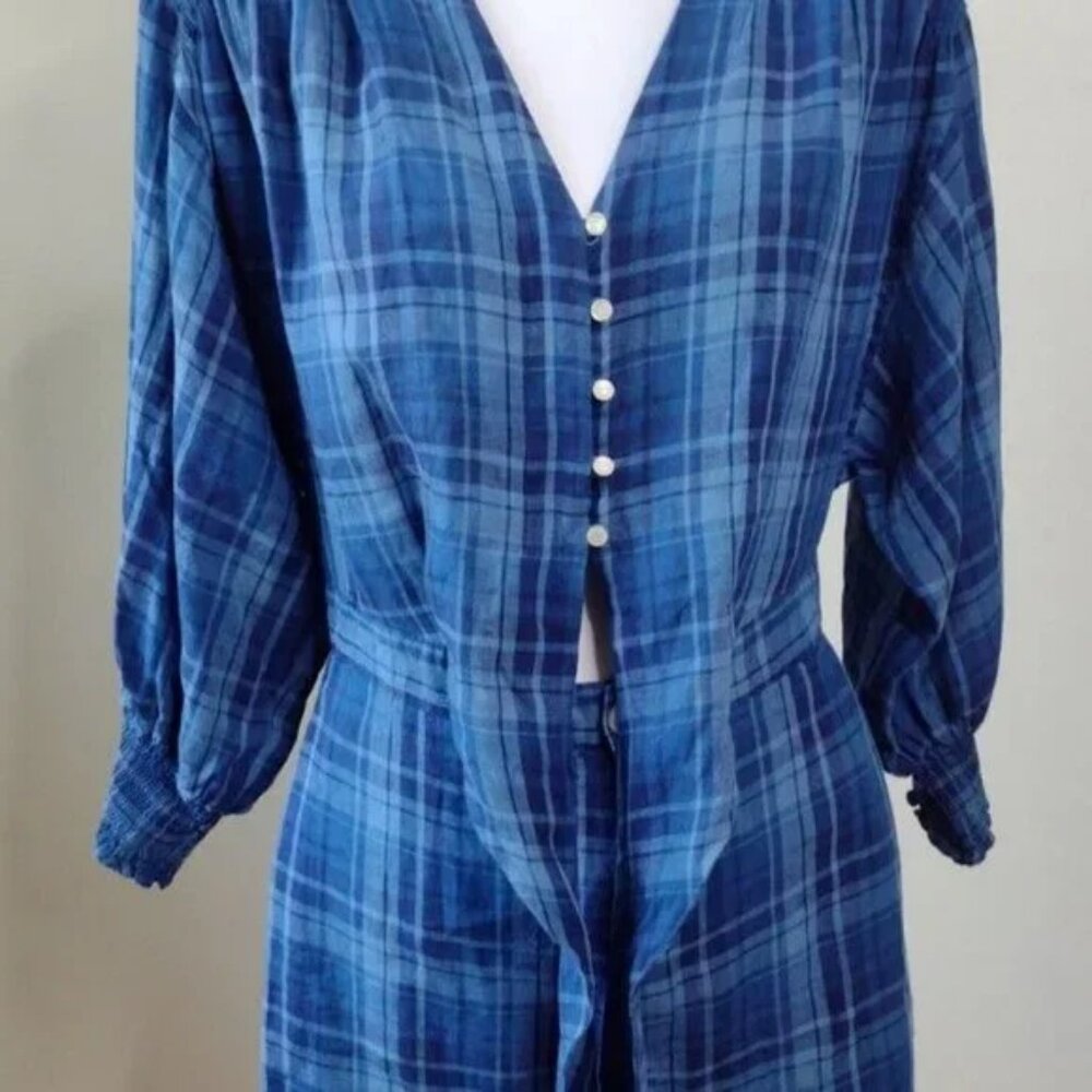 Ralph Lauren Linen Plaid Romper Blue - Picture 4 of 10